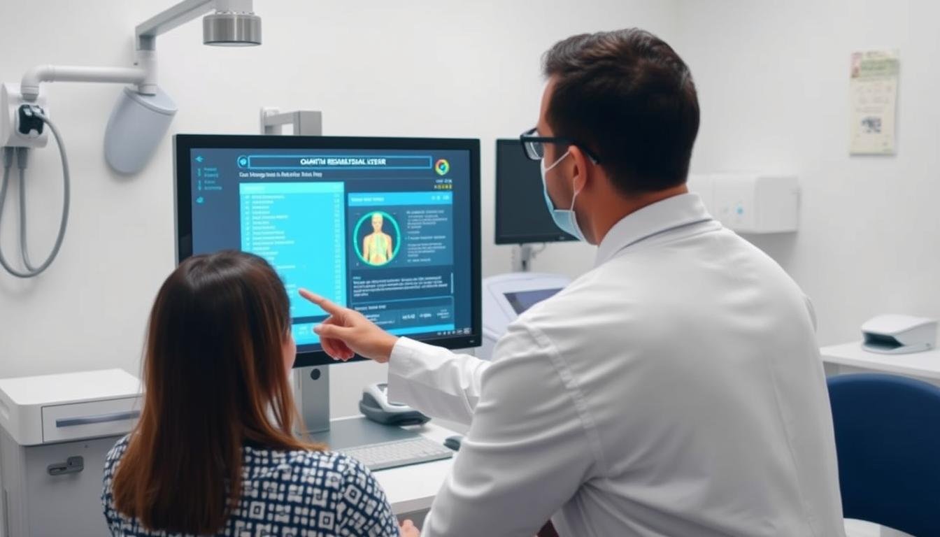 Healthcare professional explaining Quantum Resonance Magnetic Analyzer results to a patient Healthcare professional explaining Quantum Resonance Magnetic Analyzer results to a patient