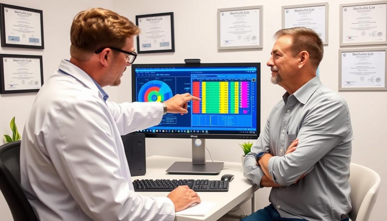 Healthcare professional explaining Quantum Resonance Magnetic Analyzer results to patient Healthcare professional explaining Quantum Resonance Magnetic Analyzer results to patient