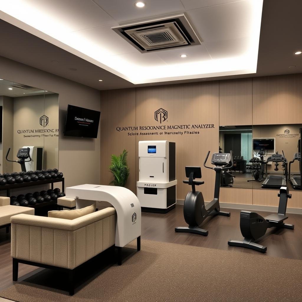 Luxury fitness studio featuring Quantum Resonance Magnetic Analyzer station Luxury fitness studio featuring Quantum Resonance Magnetic Analyzer station