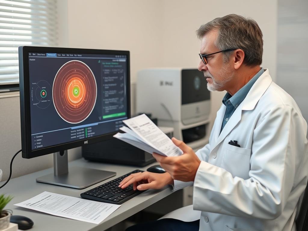 Medical professional comparing Quantum Resonance Analyzer results with traditional test reports Medical professional comparing Quantum Resonance Analyzer results with traditional test reports
