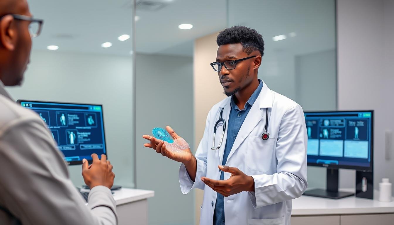 Medical professional using a Quantum Resonance Magnetic Analyzer with a patient Medical professional using a Quantum Resonance Magnetic Analyzer with a patient