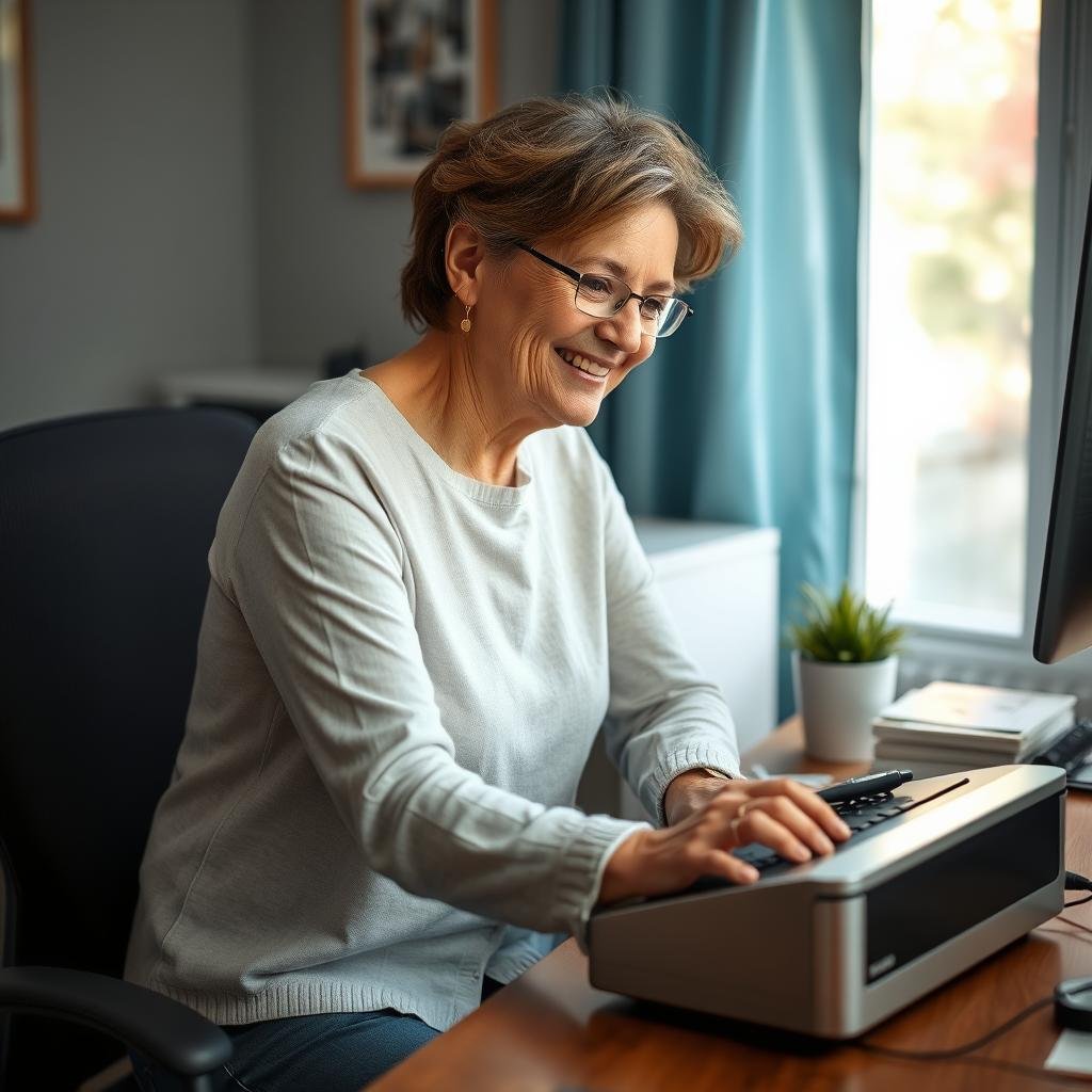 Middle-aged woman using the analyzer at home Middle-aged woman using the analyzer at home