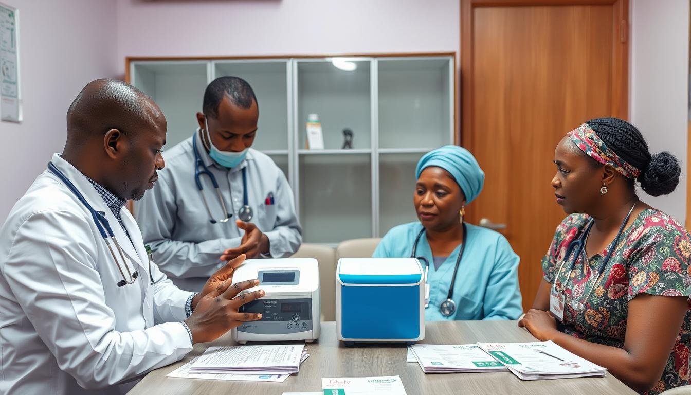 Nigerian healthcare professionals discussing Quantum Resonance Magnetic Analyzer pricing and features Nigerian healthcare professionals discussing Quantum Resonance Magnetic Analyzer pricing and features