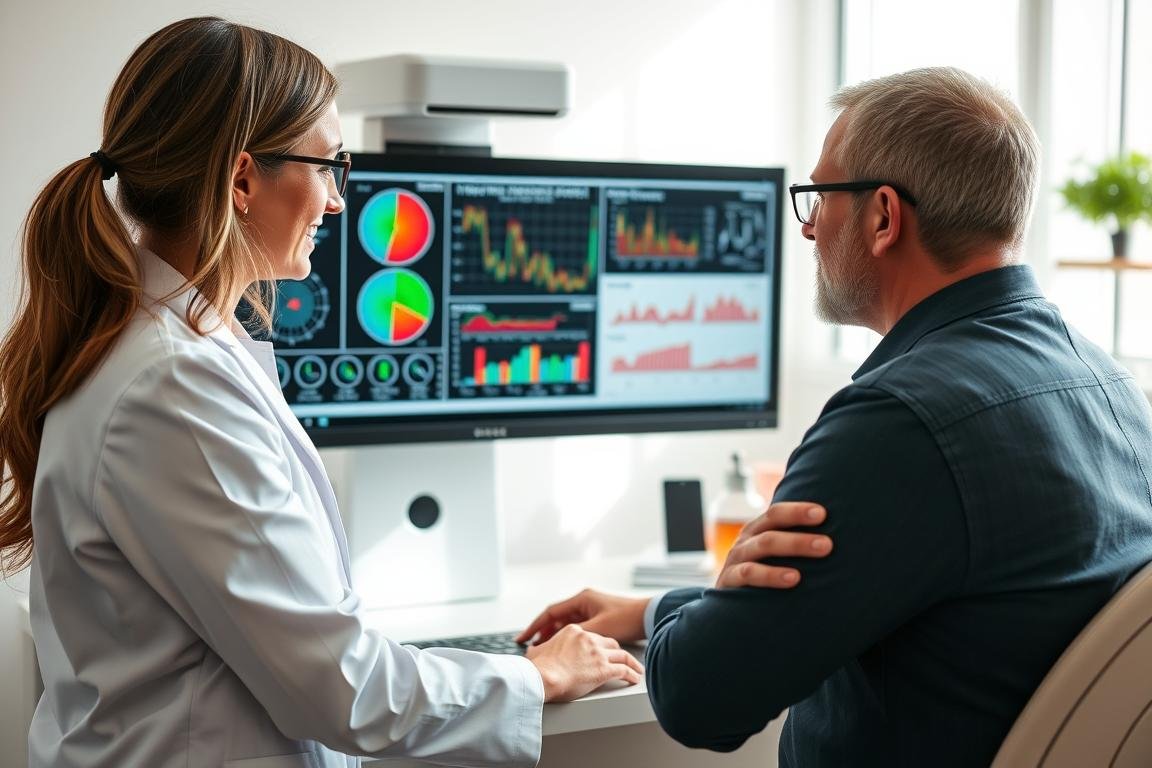 Nutricionista revisando resultados del analizador cuántico de resonancia magnética con un paciente Nutricionista revisando resultados del analizador cuántico de resonancia magnética con un paciente