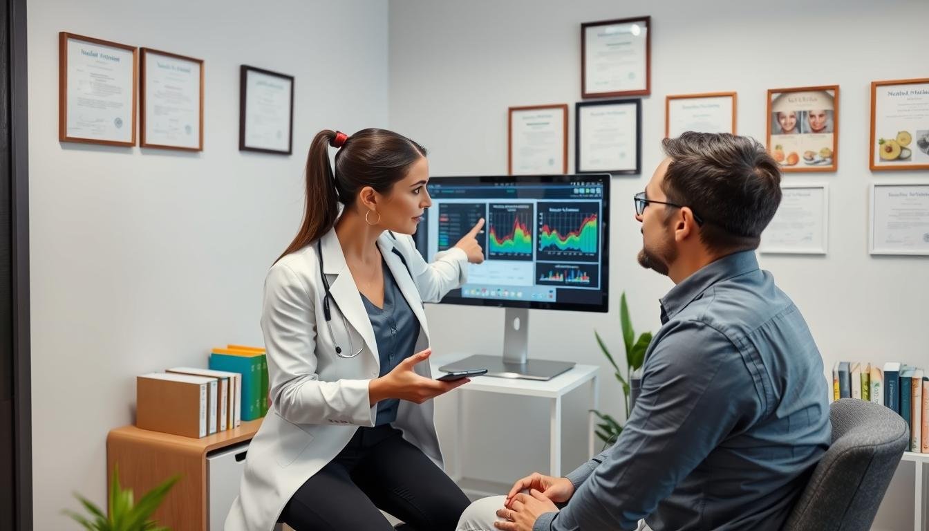 Nutritionist explaining Quantum Resonance Magnetic Analyzer results to a client Nutritionist explaining Quantum Resonance Magnetic Analyzer results to a client