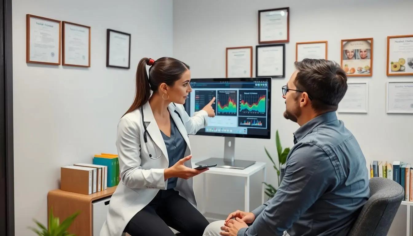 Nutritionist explaining Quantum Resonance Magnetic Analyzer results to a client Nutritionist explaining Quantum Resonance Magnetic Analyzer results to a client