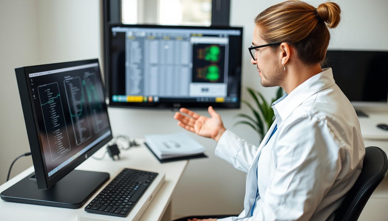 Nutritionist using Quantum Resonance Magnetic Analyzer with a client Nutritionist using Quantum Resonance Magnetic Analyzer with a client