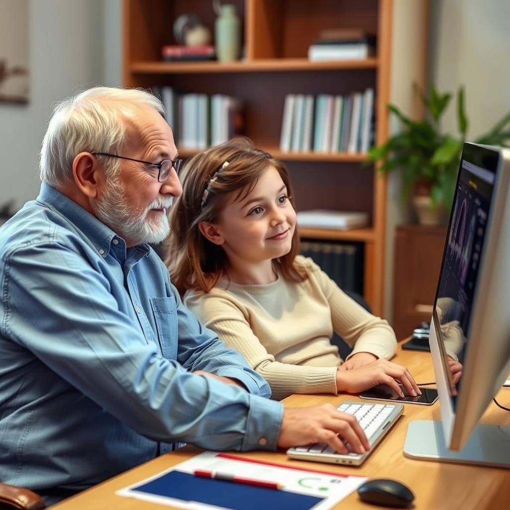 Older man reviewing health reports with family member Older man reviewing health reports with family member