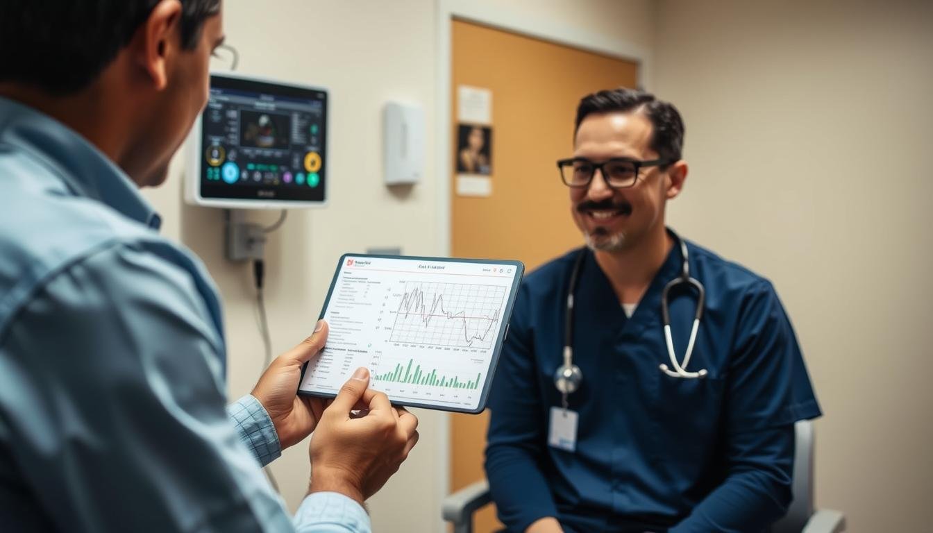 Person reviewing health reports with a healthcare professional Person reviewing health reports with a healthcare professional
