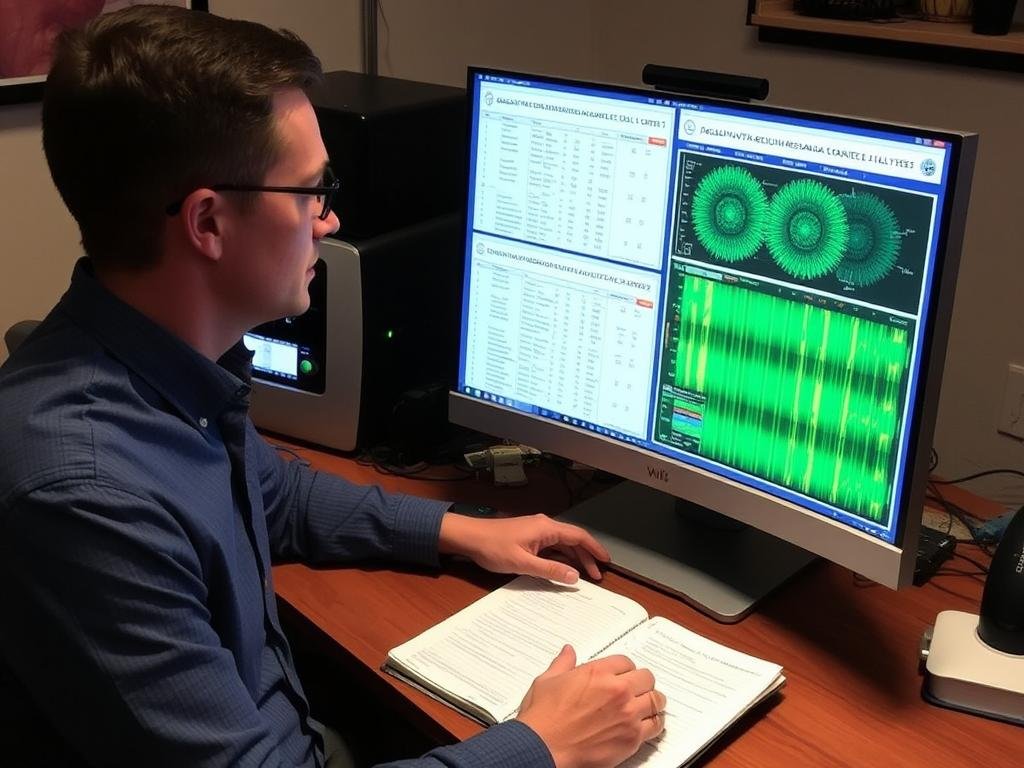 Person reviewing multiple health reports on computer Person reviewing multiple health reports on computer