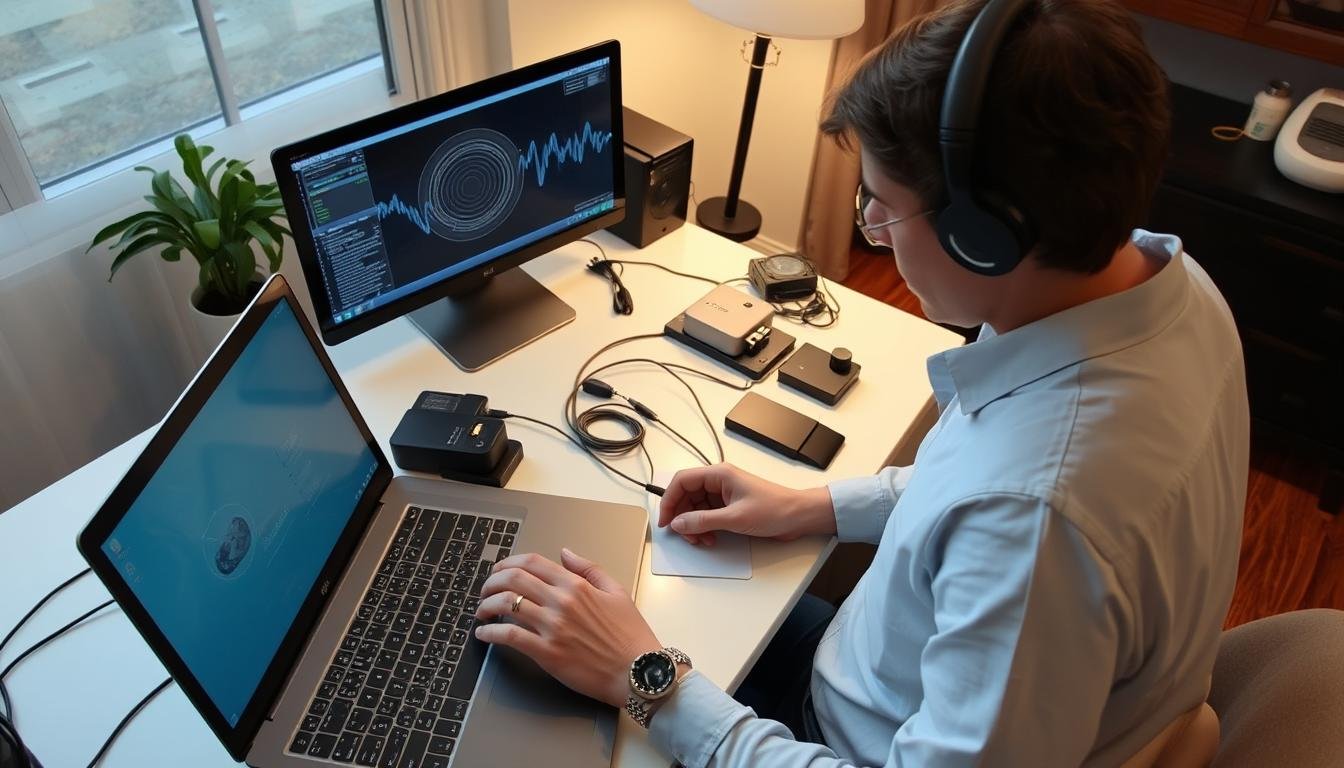 Person setting up the Quantum Resonance Magnetic Analyzer with a computer Person setting up the Quantum Resonance Magnetic Analyzer with a computer