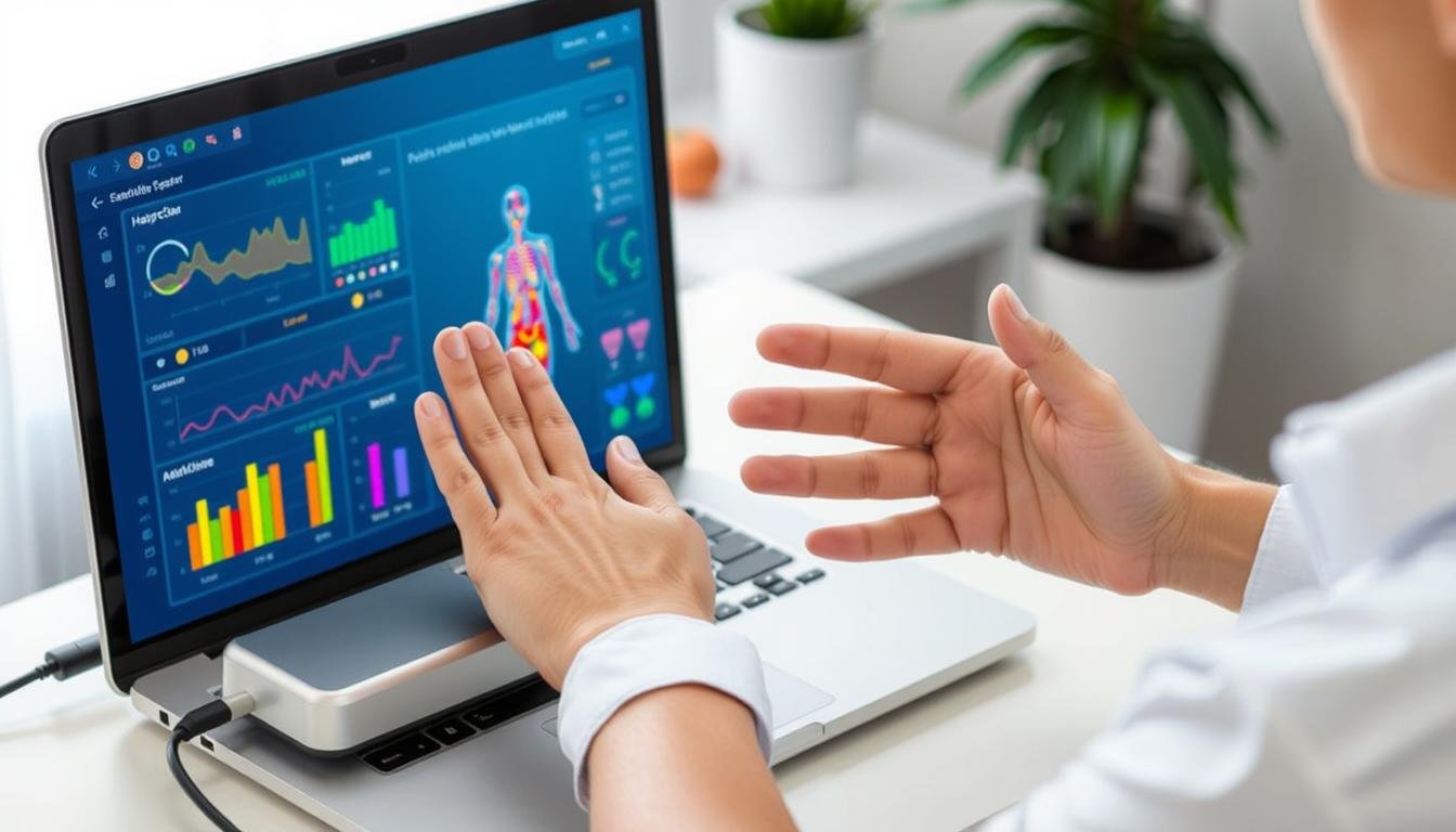 Person using a Quantum Resonance Magnetic Analyzer with hand on the palm sensor connected to computer displaying results Person using a Quantum Resonance Magnetic Analyzer with hand on the palm sensor connected to computer displaying results
