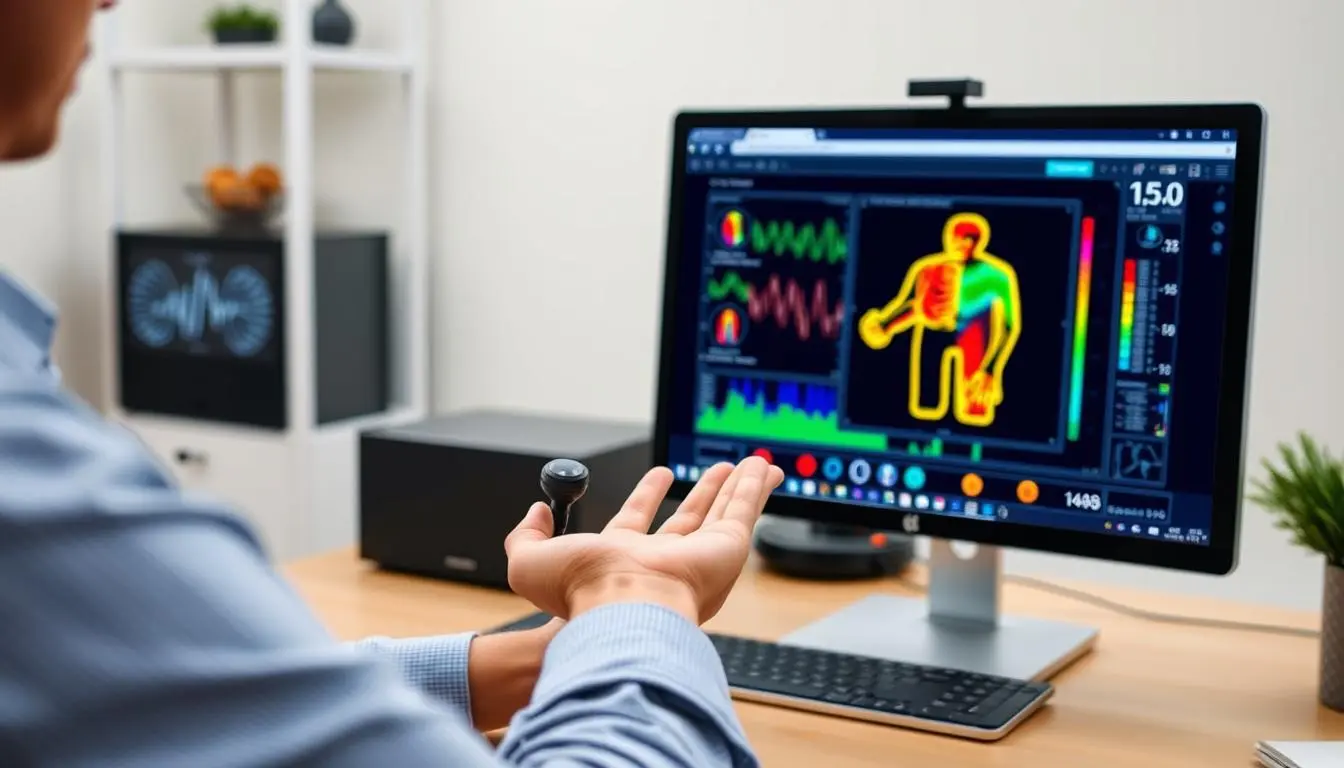 Person using the Quantum Resonance Magnetic Analyzer with results displayed on screen