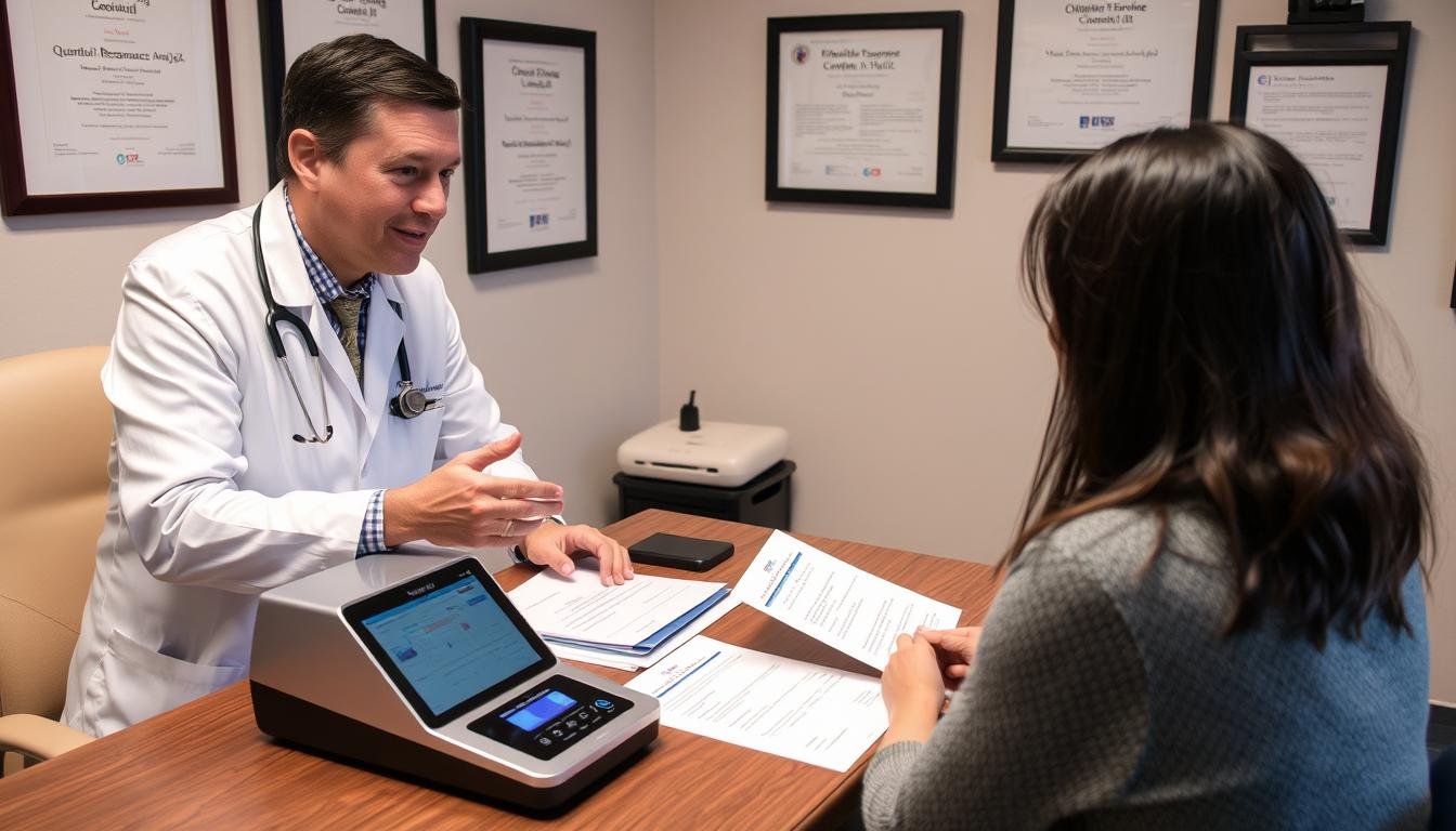 Practitioner answering patient questions about Quantum Resonance Magnetic Analyzer Practitioner answering patient questions about Quantum Resonance Magnetic Analyzer
