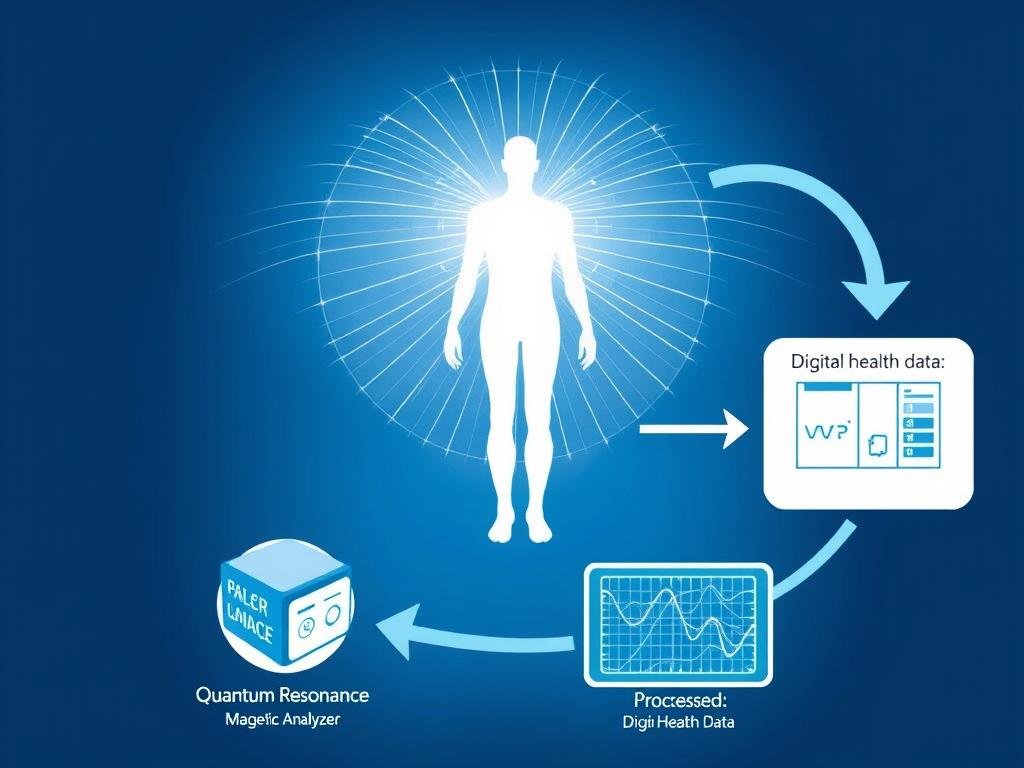 Quantum resonance technology diagram showing how the analyzer captures and processes electromagnetic signals from the body Quantum resonance technology diagram showing how the analyzer captures and processes electromagnetic signals from the body