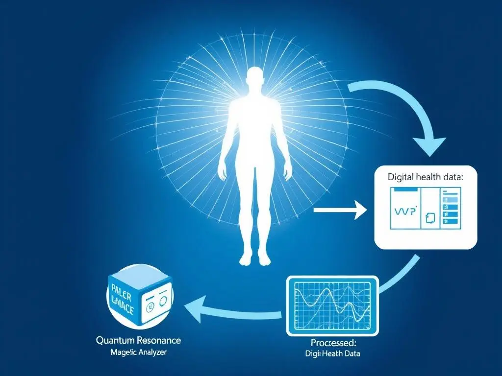 Quantum resonance technology diagram showing how the analyzer captures and processes electromagnetic signals from the body Quantum resonance technology diagram showing how the analyzer captures and processes electromagnetic signals from the body