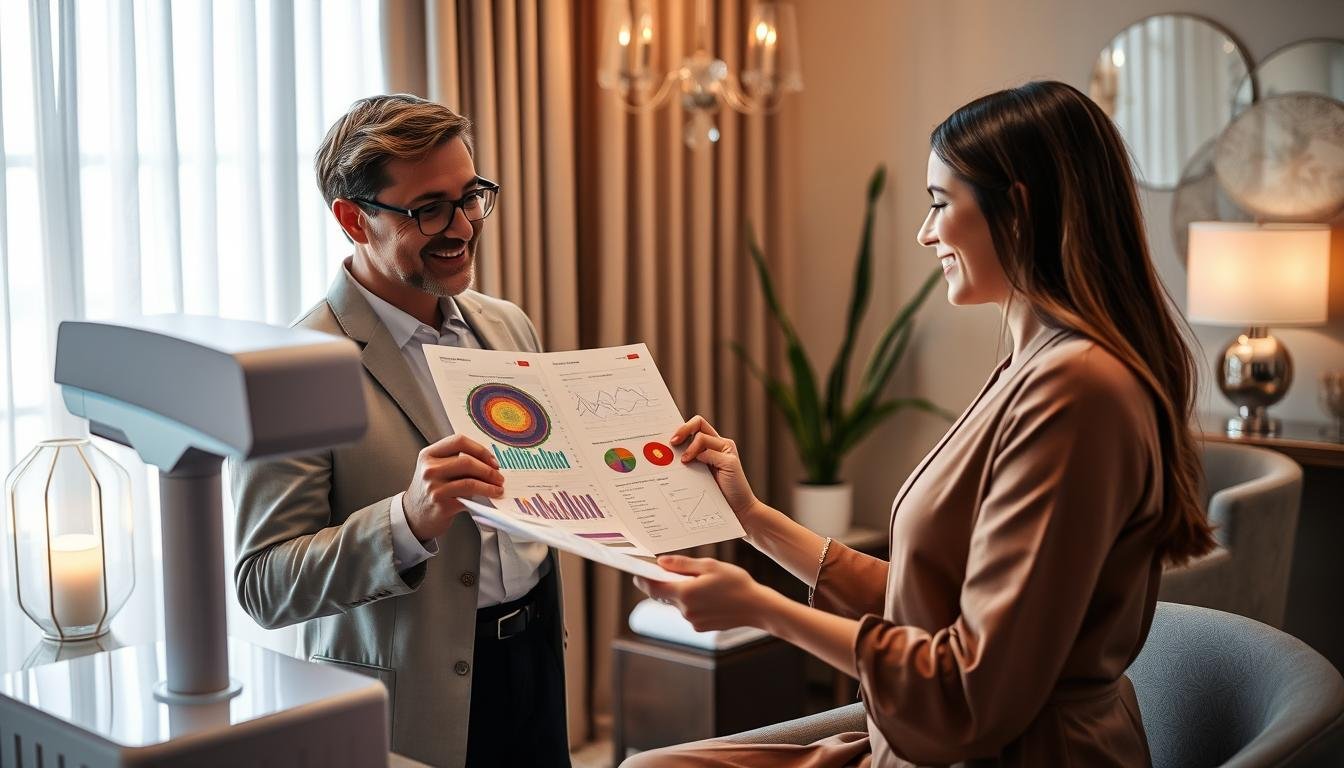 Satisfied client receiving results from a Quantum Resonance Magnetic Analyzer session Satisfied client receiving results from a Quantum Resonance Magnetic Analyzer session