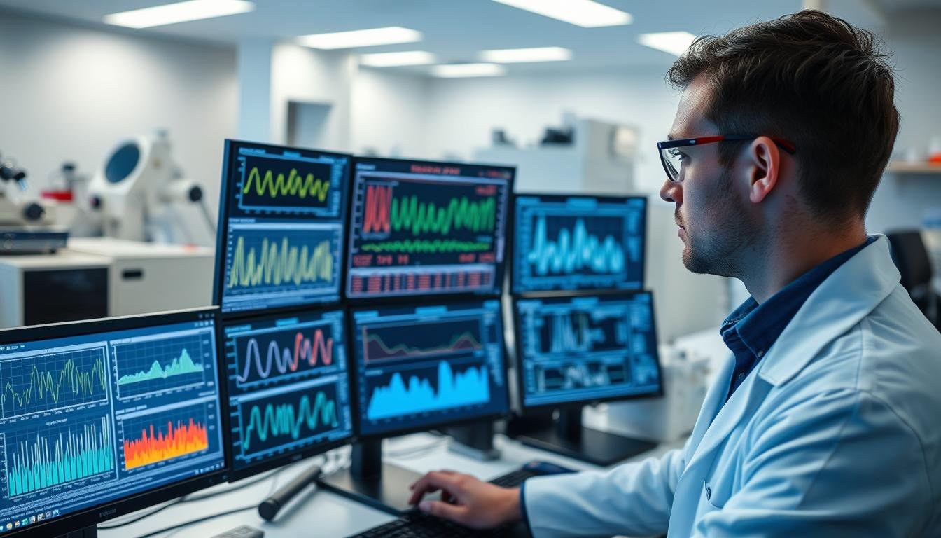 Scientific researcher analyzing data from a Quantum Resonance Magnetic Analyzer in a laboratory setting Scientific researcher analyzing data from a Quantum Resonance Magnetic Analyzer in a laboratory setting