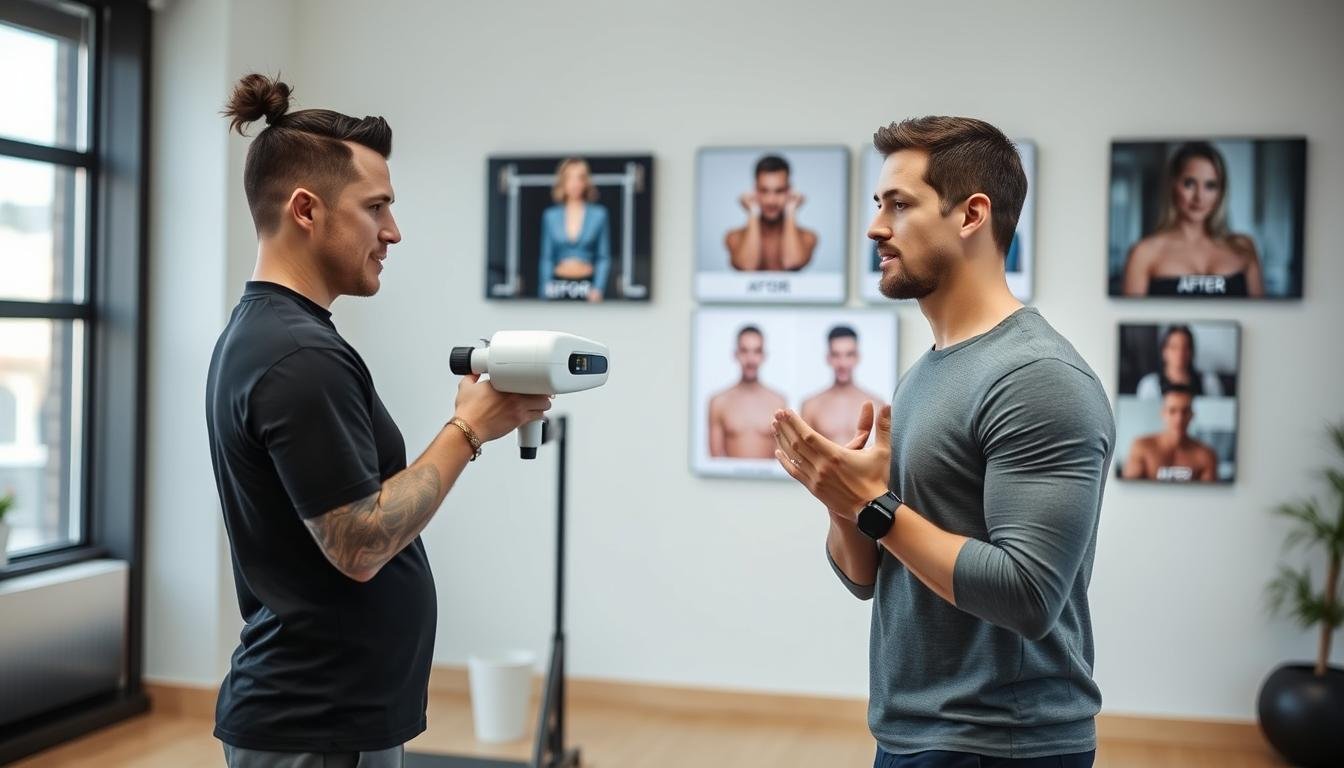 Successful fitness coach using Quantum Resonance Magnetic Analyzer with clients Successful fitness coach using Quantum Resonance Magnetic Analyzer with clients
