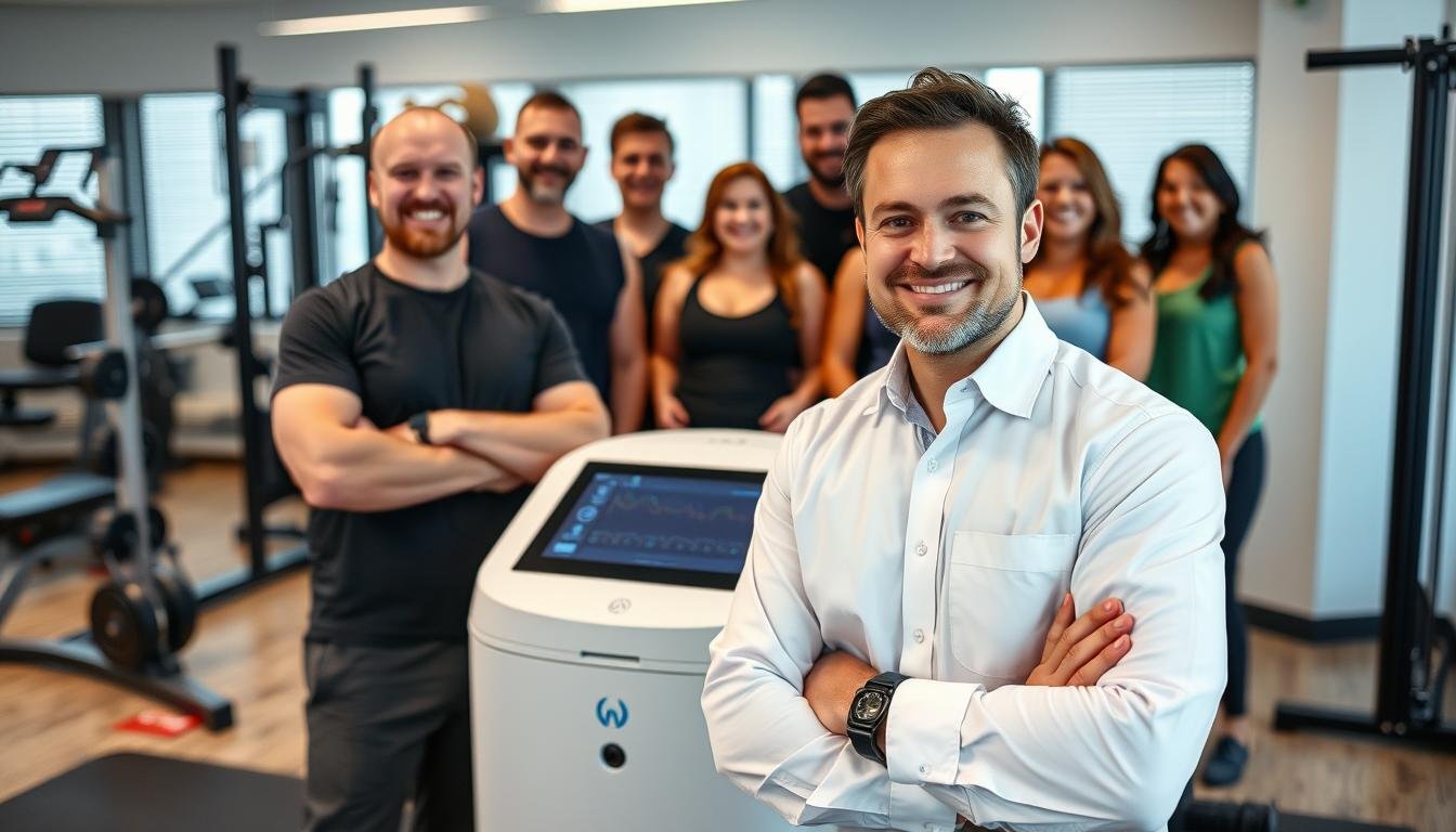 Successful fitness coach with Quantum Resonance Magnetic Analyzer and satisfied clients Successful fitness coach with Quantum Resonance Magnetic Analyzer and satisfied clients