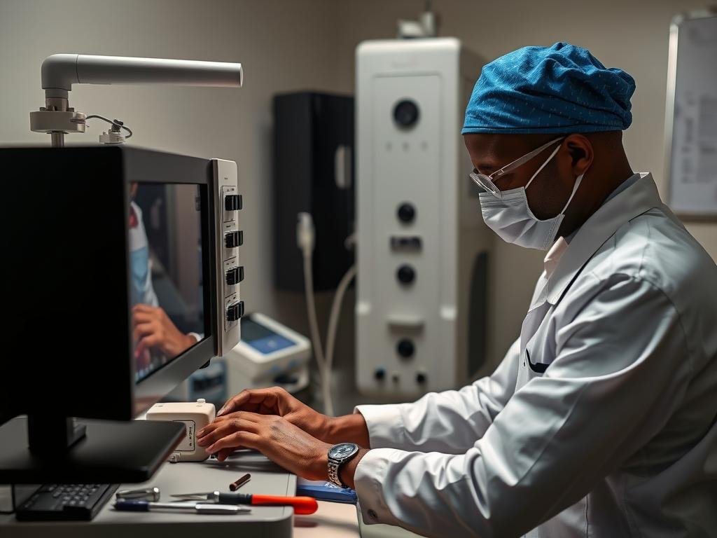 Technician performing maintenance on a Quantum Resonance Magnetic Analyzer in a Nigerian clinic Technician performing maintenance on a Quantum Resonance Magnetic Analyzer in a Nigerian clinic