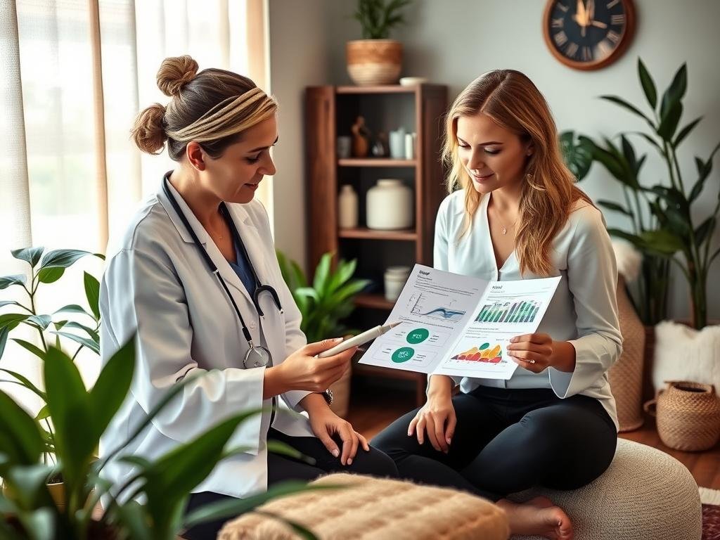 Wellness practitioner conducting analysis with client using Quantum Resonance Magnetic Analyzer