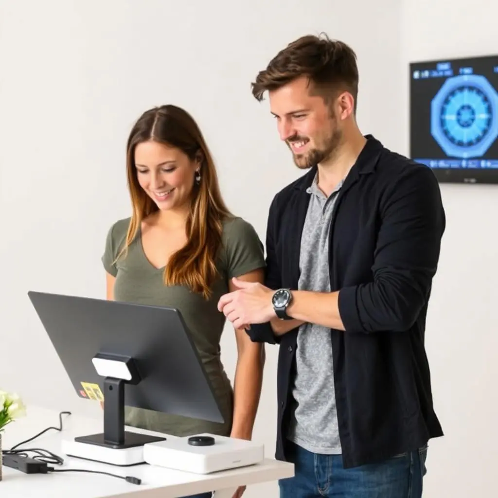Young couple using the analyzer together