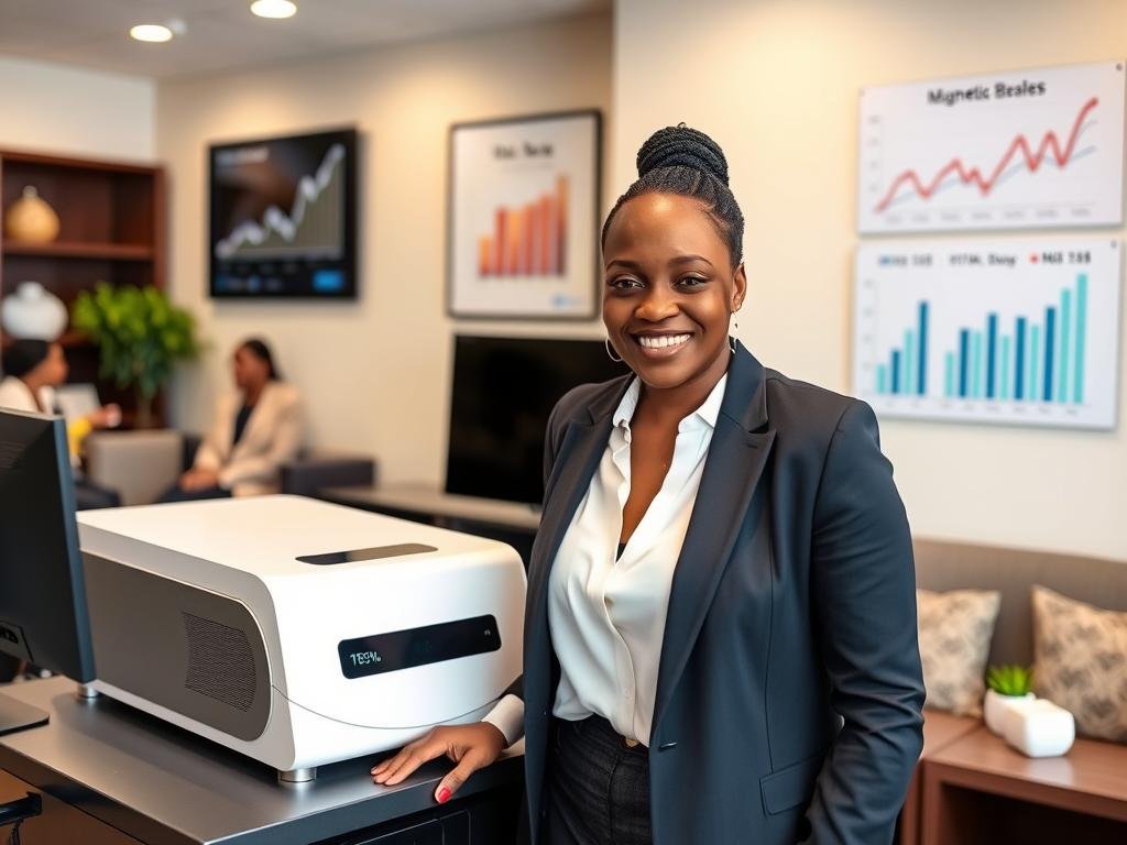 African wellness business owner with Quantum Resonance Magnetic Analyzer