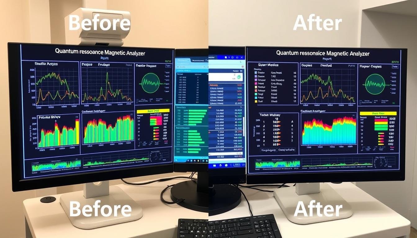 Before and after health reports from a Quantum Resonance Magnetic Analyzer showing improvement Before and after health reports from a Quantum Resonance Magnetic Analyzer showing improvement
