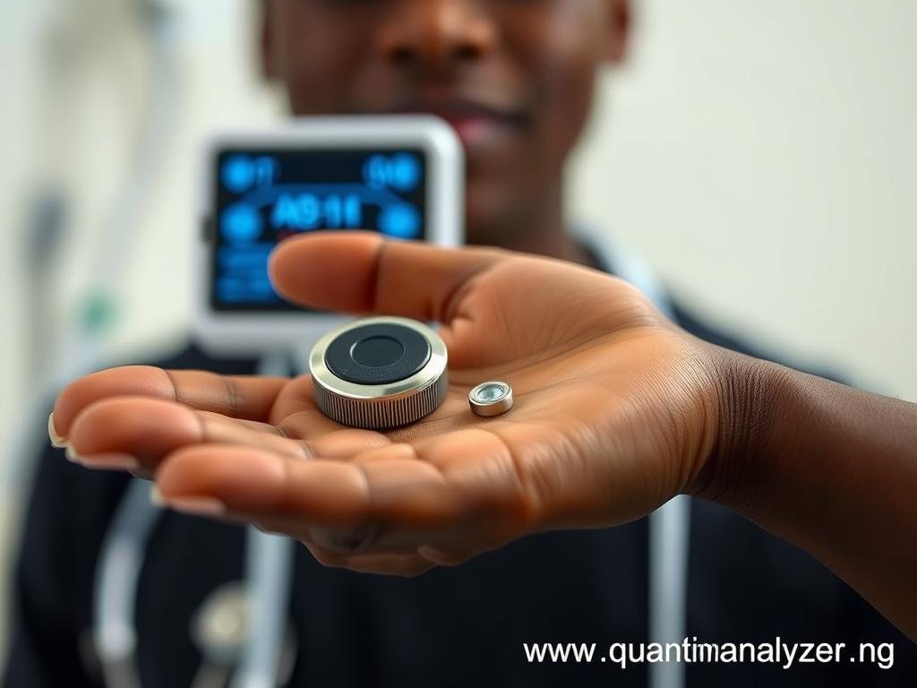 Close-up of Quantum Resonance Magnetic Analyzer sensor in a person's palm Close-up of Quantum Resonance Magnetic Analyzer sensor in a person's palm