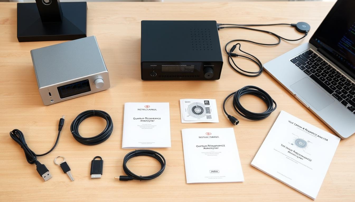 Complete Quantum Resonance Magnetic Analyzer kit with software components laid out Complete Quantum Resonance Magnetic Analyzer kit with software components laid out