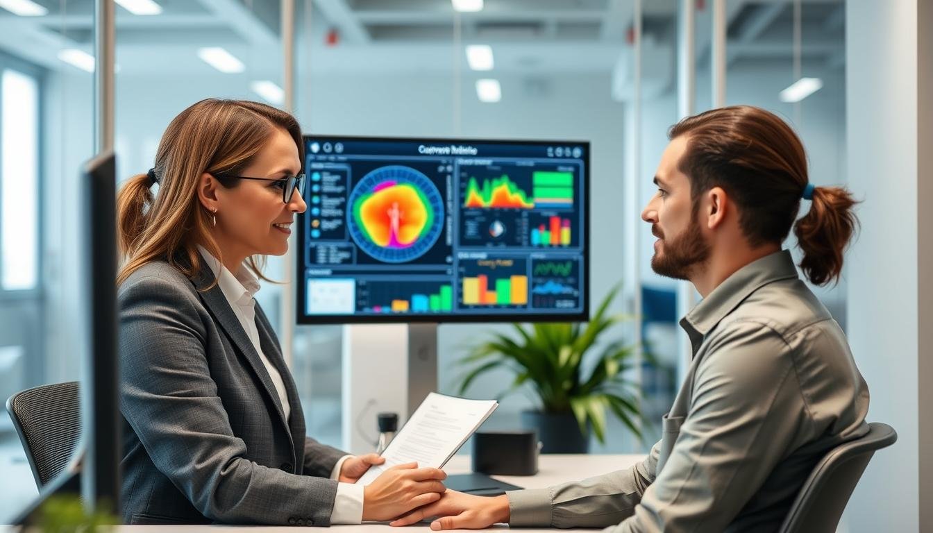Corporate wellness professional reviewing Quantum Resonance Magnetic Analyzer results with an employee Corporate wellness professional reviewing Quantum Resonance Magnetic Analyzer results with an employee