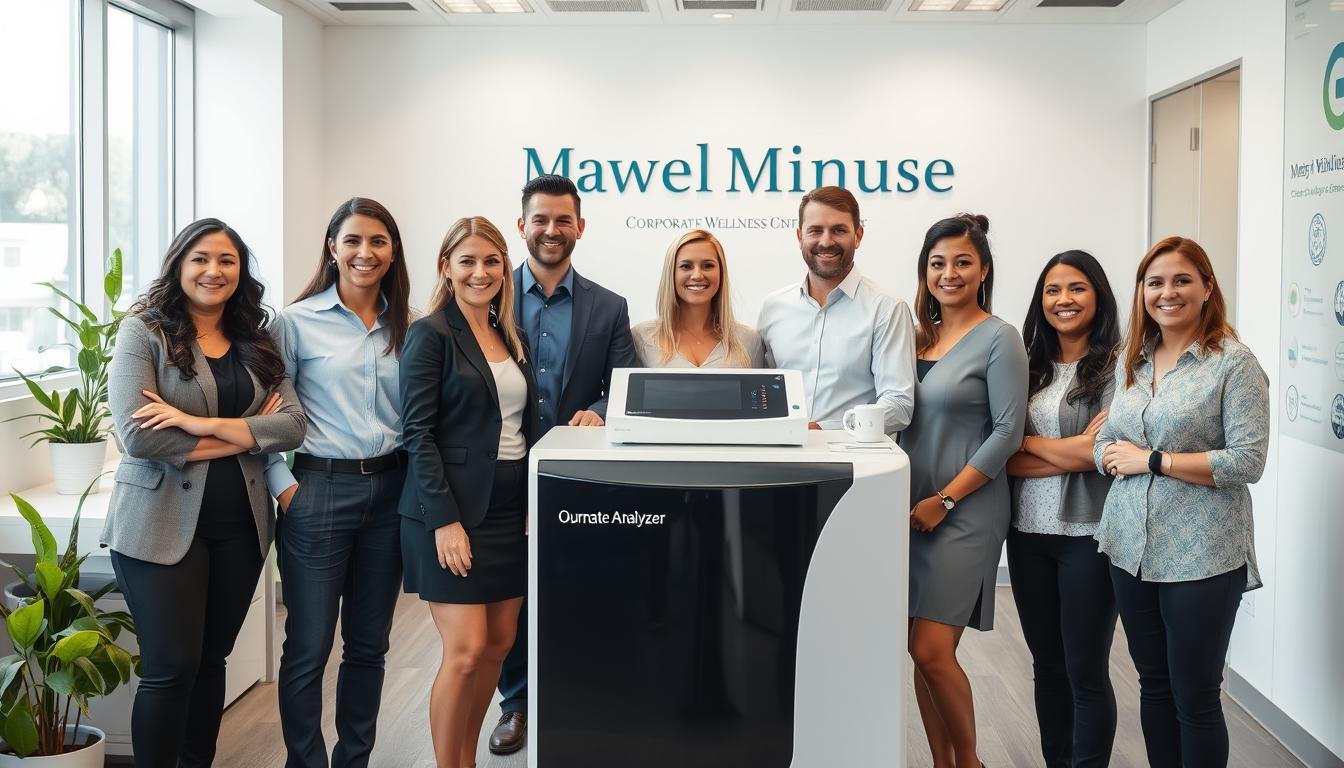 Corporate wellness team with Quantum Resonance Magnetic Analyzer equipment Corporate wellness team with Quantum Resonance Magnetic Analyzer equipment