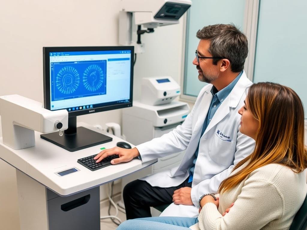 Doctor using Quantum Resonance Magnetic Analyzer in a clinic Doctor using Quantum Resonance Magnetic Analyzer in a clinic