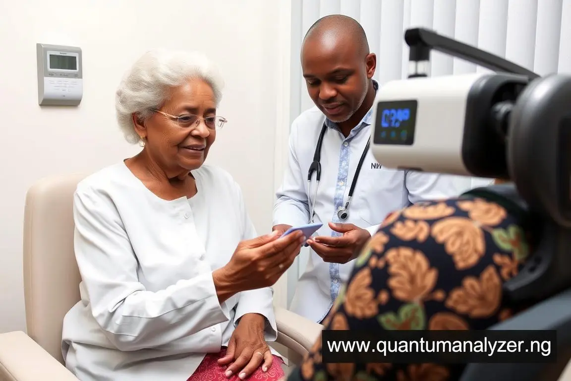 Elderly Nigerian woman having a health assessment with a Quantum Resonance Magnetic Analyzer