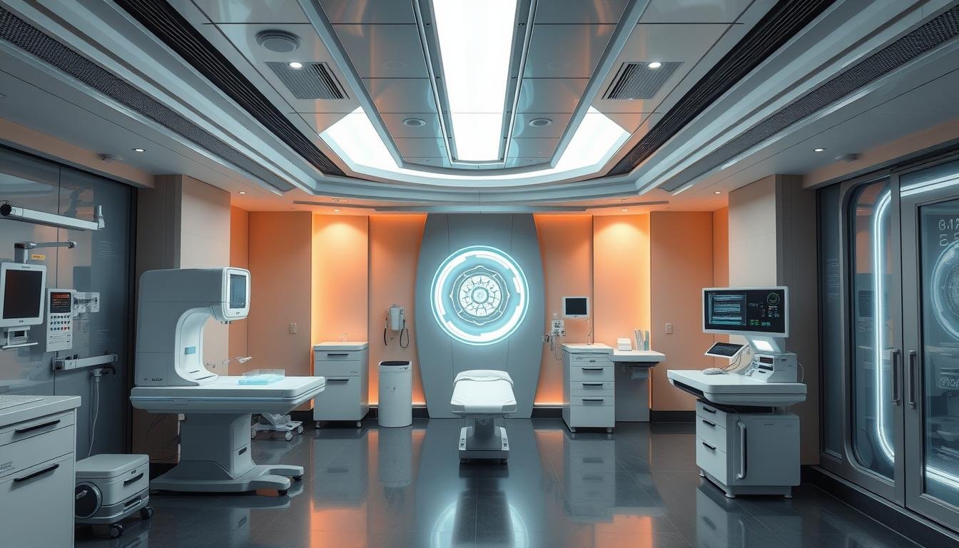 Futuristic healthcare facility with Quantum Resonance Magnetic Analyzer as part of integrated health assessment Futuristic healthcare facility with Quantum Resonance Magnetic Analyzer as part of integrated health assessment