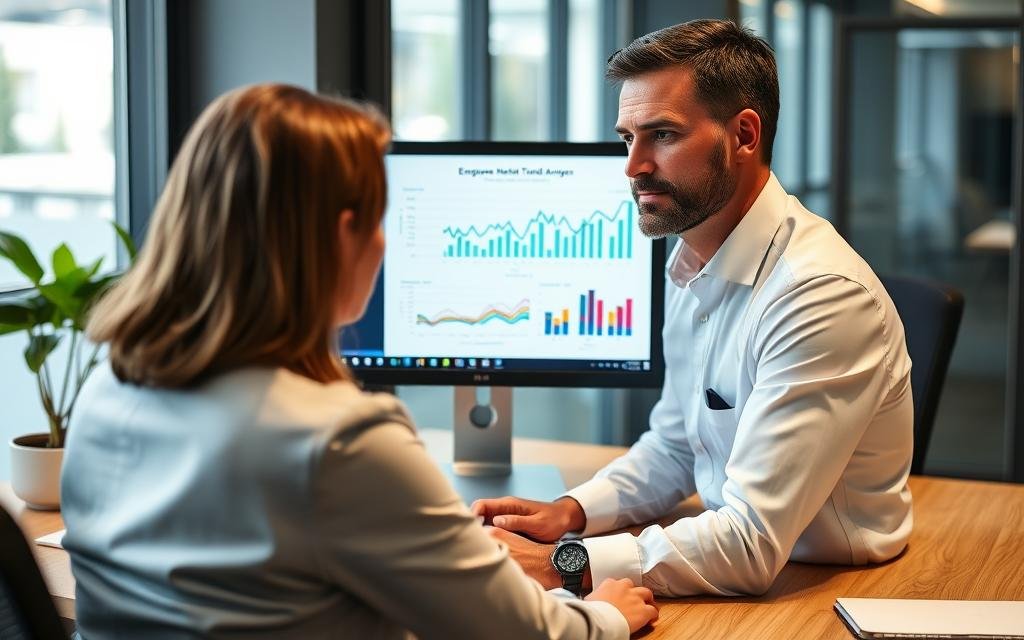 HR director reviewing employee health trends from Quantum Resonance Magnetic Analyzer data HR director reviewing employee health trends from Quantum Resonance Magnetic Analyzer data