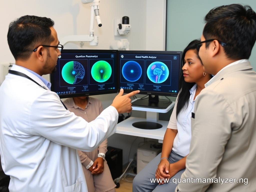 Healthcare practitioner explaining results to clients of different nationalities using their native language reports