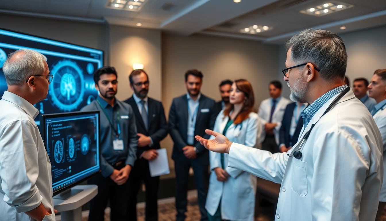 Healthcare professional demonstrating Quantum Resonance Magnetic Analyzer to colleagues