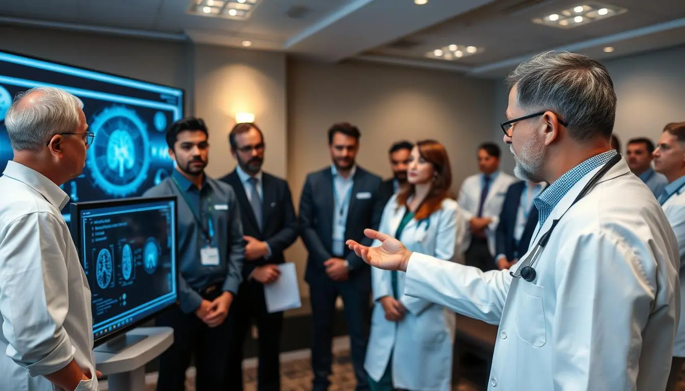 Healthcare professional demonstrating Quantum Resonance Magnetic Analyzer to colleagues