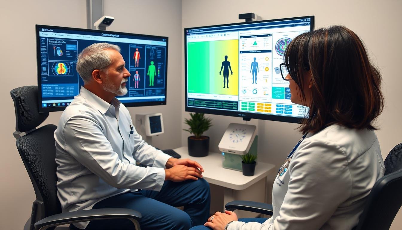 Healthcare professional explaining Quantum Resonance Magnetic Analyzer results to a patient