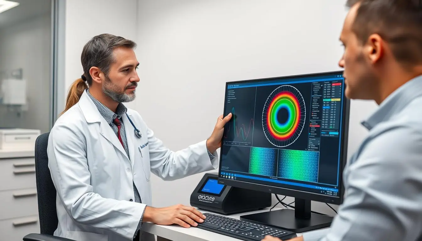 Healthcare professional explaining Quantum Resonance Magnetic Analyzer results to a patient Healthcare professional explaining Quantum Resonance Magnetic Analyzer results to a patient