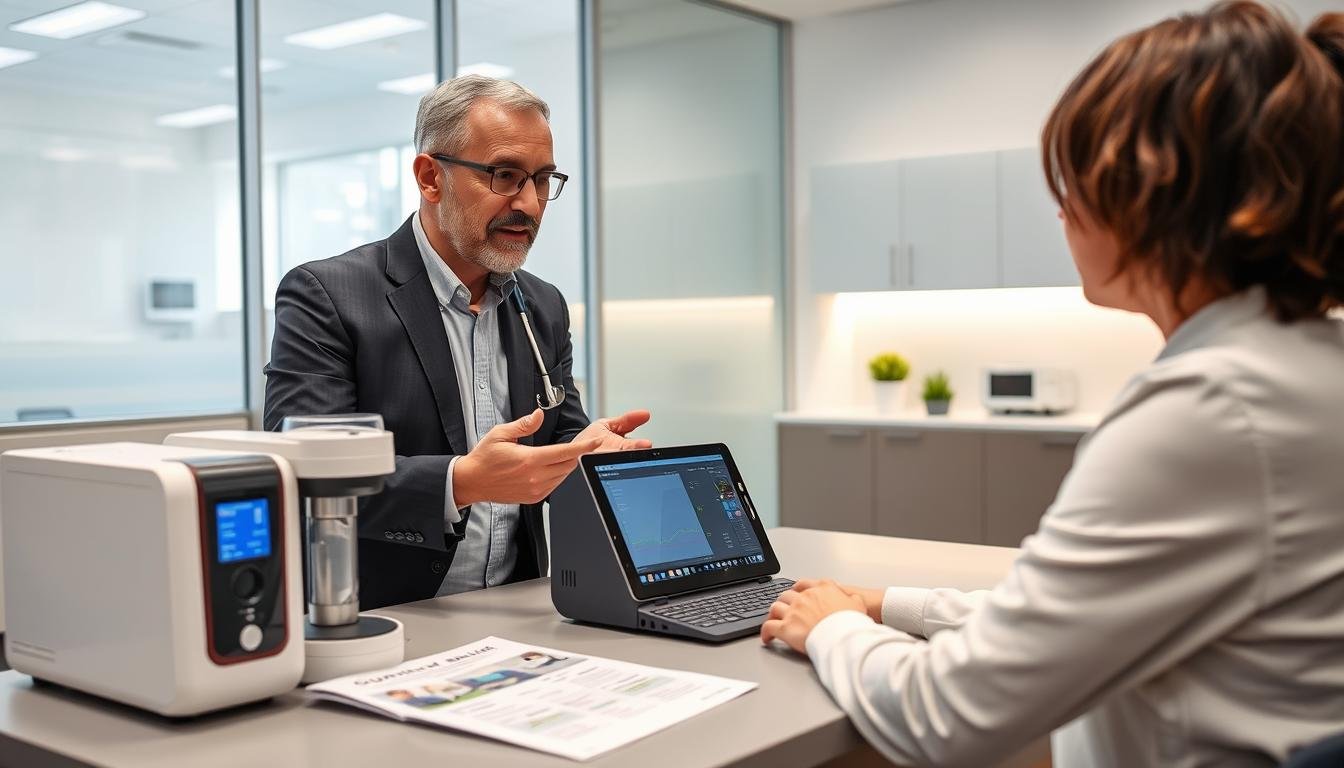 Healthcare professional helping client choose the right quantum analyzer Healthcare professional helping client choose the right quantum analyzer