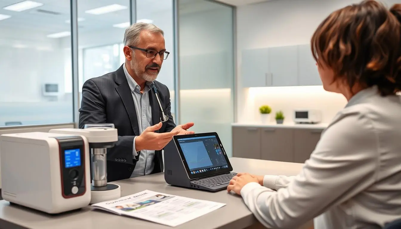 Healthcare professional helping client choose the right quantum analyzer Healthcare professional helping client choose the right quantum analyzer