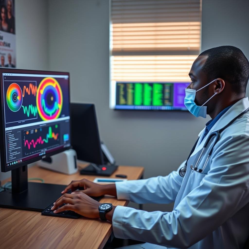 Healthcare professional reviewing Quantum Resonance Magnetic Analyzer results Healthcare professional reviewing Quantum Resonance Magnetic Analyzer results