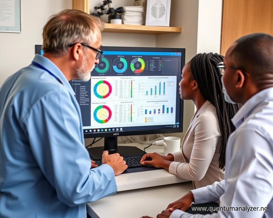 Healthcare professional reviewing comprehensive Quantum Resonance Magnetic Analyzer results with a patient Healthcare professional reviewing comprehensive Quantum Resonance Magnetic Analyzer results with a patient