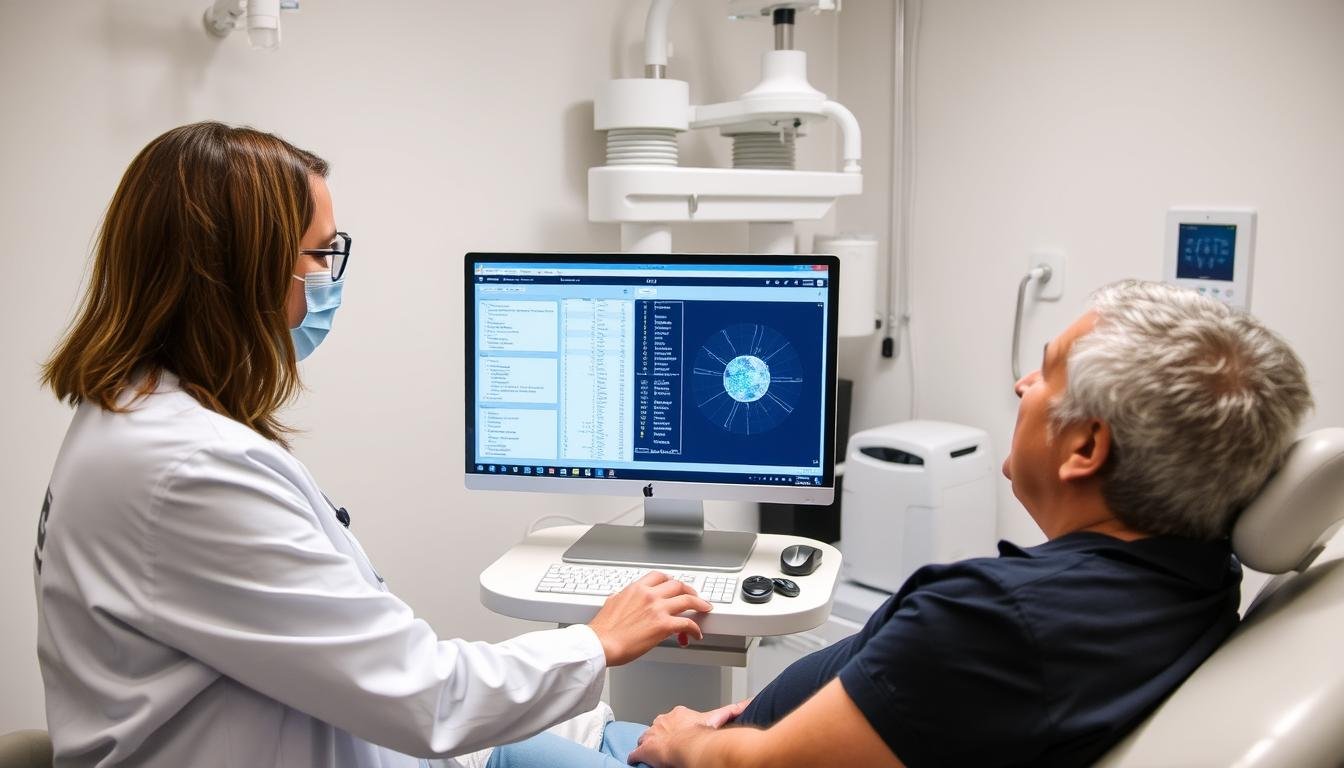 Healthcare professional using Quantum Resonance Magnetic Analyzer with a patient Healthcare professional using Quantum Resonance Magnetic Analyzer with a patient