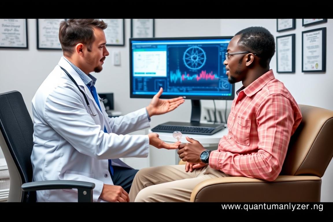 Healthcare professional using Quantum Resonance Magnetic Analyzer with a patient in a modern clinic setting Healthcare professional using Quantum Resonance Magnetic Analyzer with a patient in a modern clinic setting