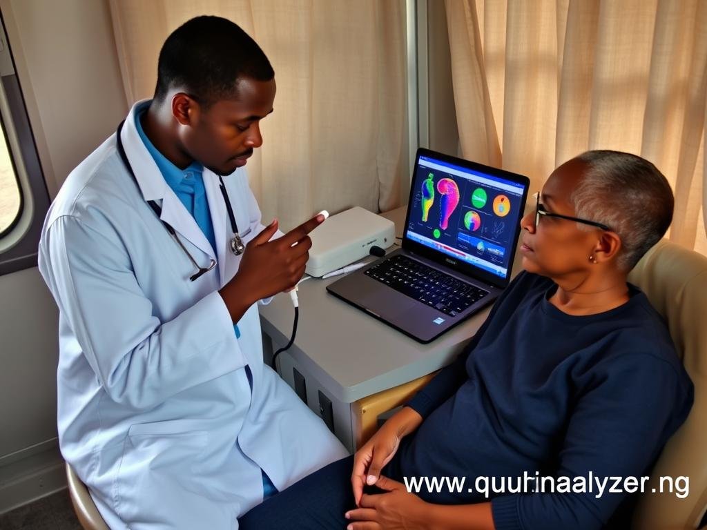 Healthcare professional using Quantum Resonance Magnetic Analyzer with patient in mobile clinic setting