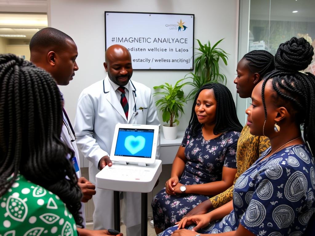 Healthcare professionals at Lagos clinic using Quantum Resonance Magnetic Analyzer